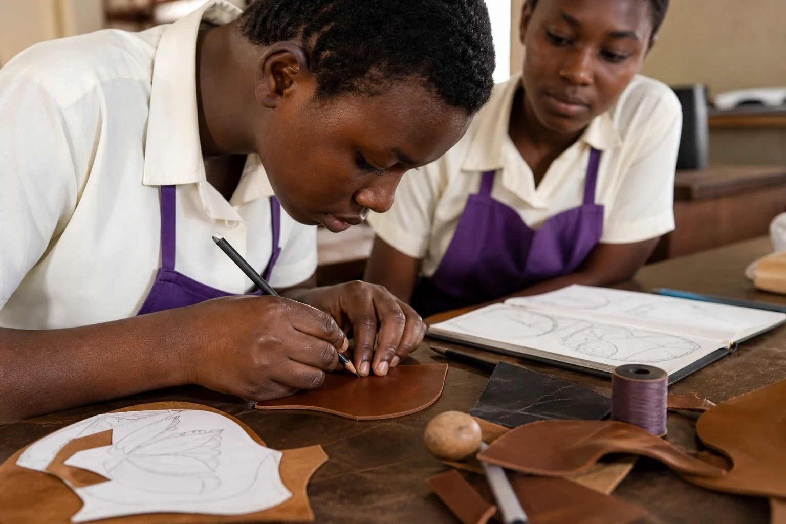 Students working carefully on a leatherwork design project