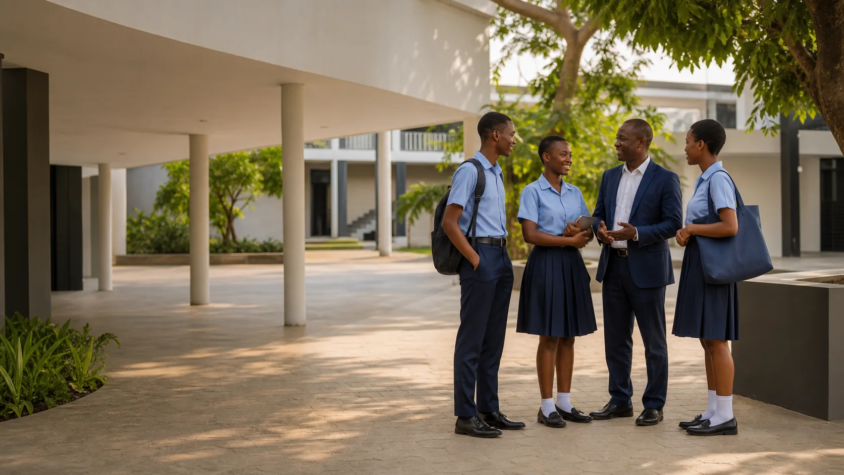 Students speaking with a member of the school team on campus