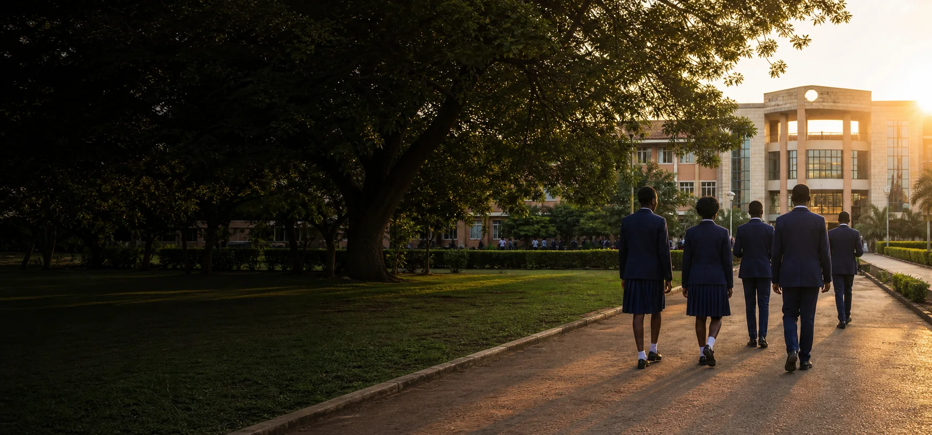 Students walking toward their school building at the start of the day