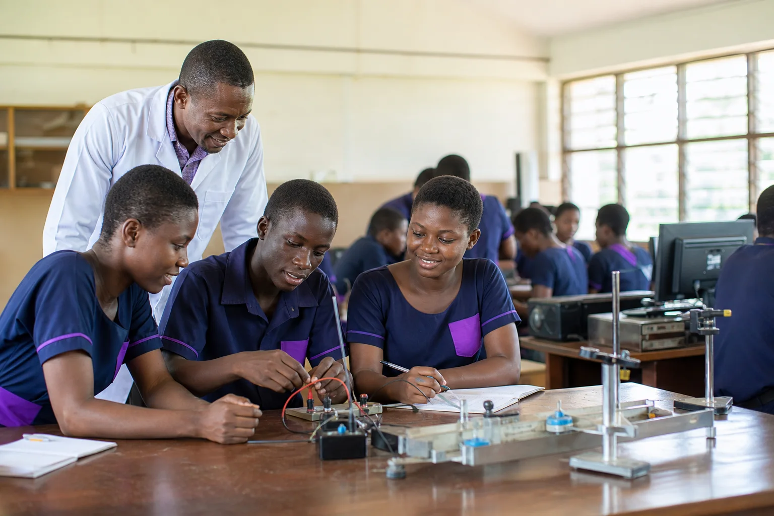 Students and a teacher learning together with science and technology resources