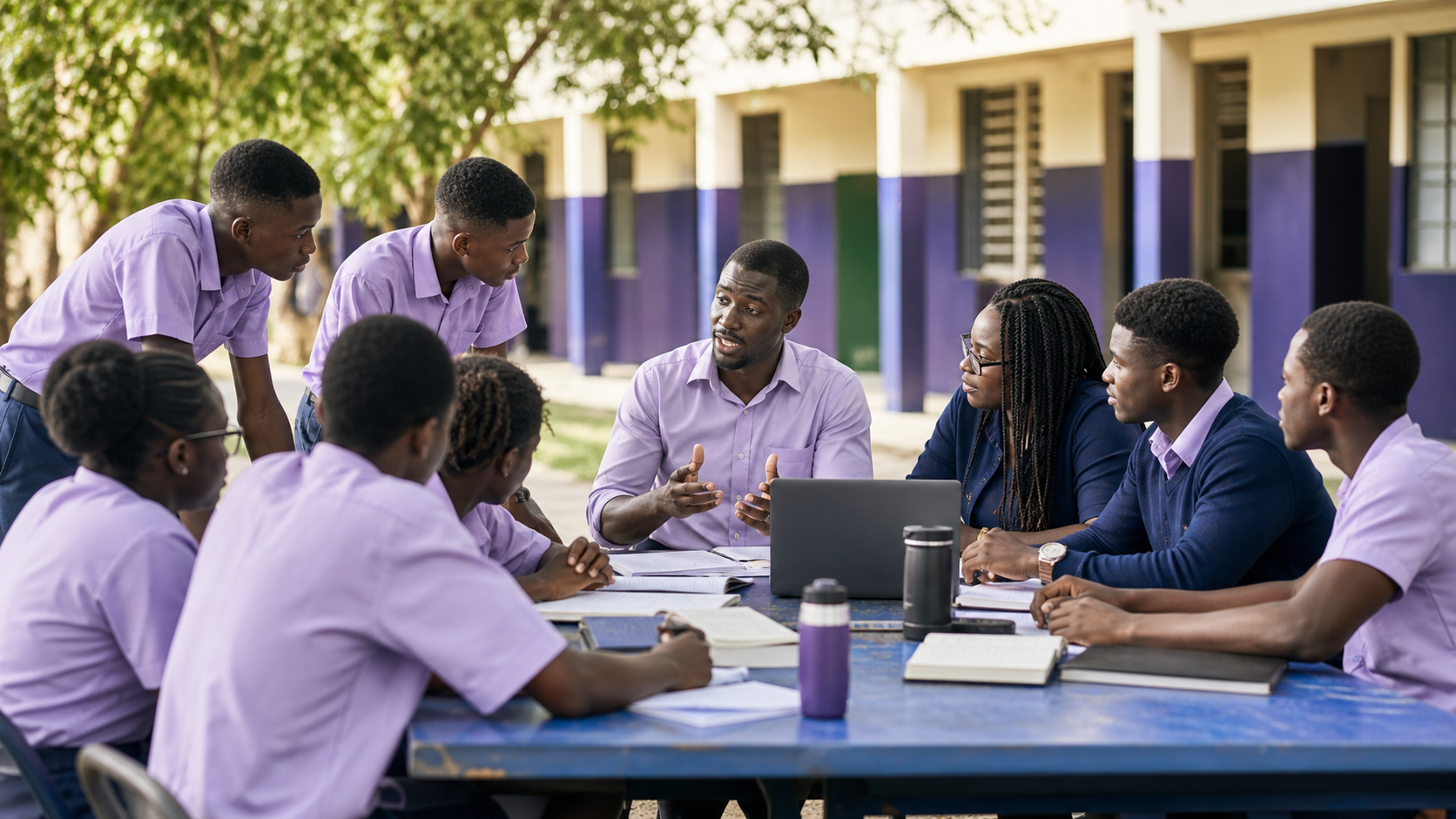 Students and educators discussing the school mission together